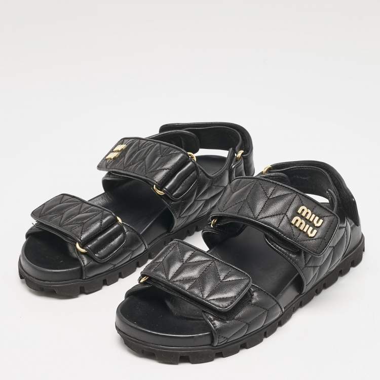 Pre Owned Miu Miu Black Leather  Sporty Matelassé Slingback Sandals Size 37 