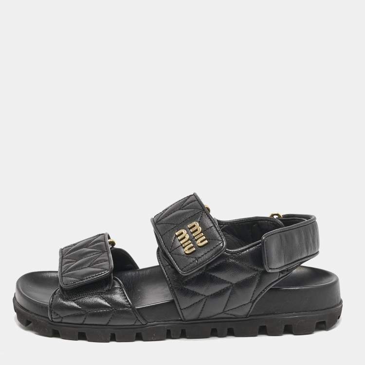 Pre Owned Miu Miu Black Leather  Sporty Matelassé Slingback Sandals Size 37 