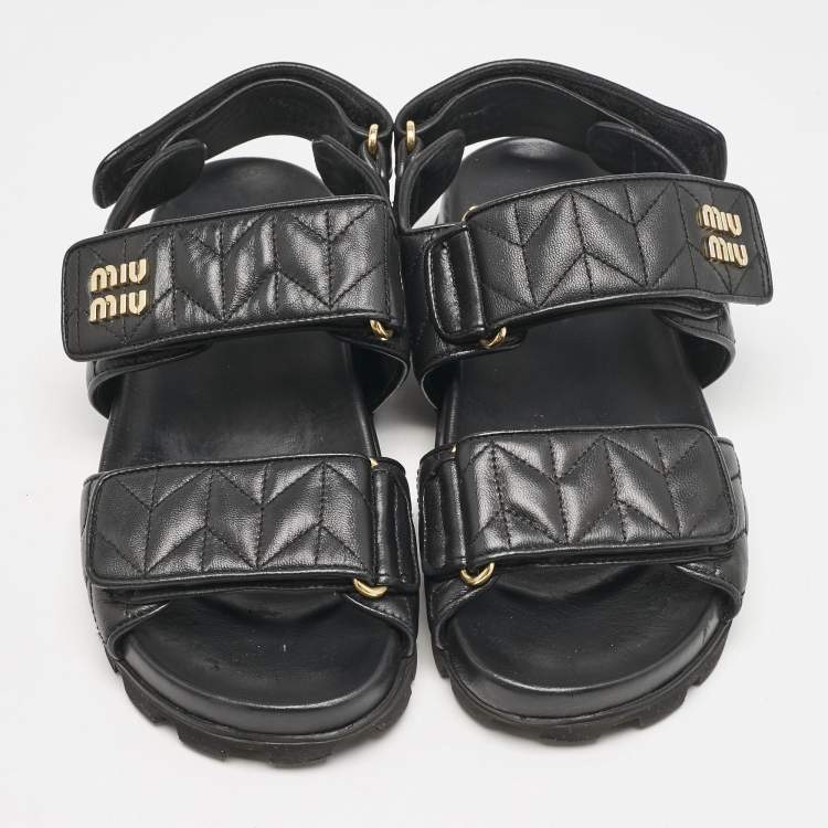 Pre Owned Miu Miu Black Leather  Sporty Matelassé Slingback Sandals Size 37 