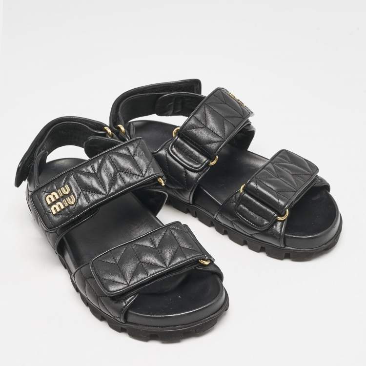 Pre Owned Miu Miu Black Leather  Sporty Matelassé Slingback Sandals Size 37 