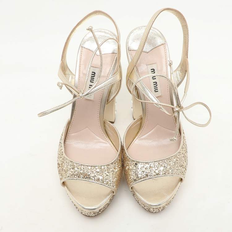 Pre Owned Miu Miu Gold Glitter Ankle Tie Platform Pumps Size 38