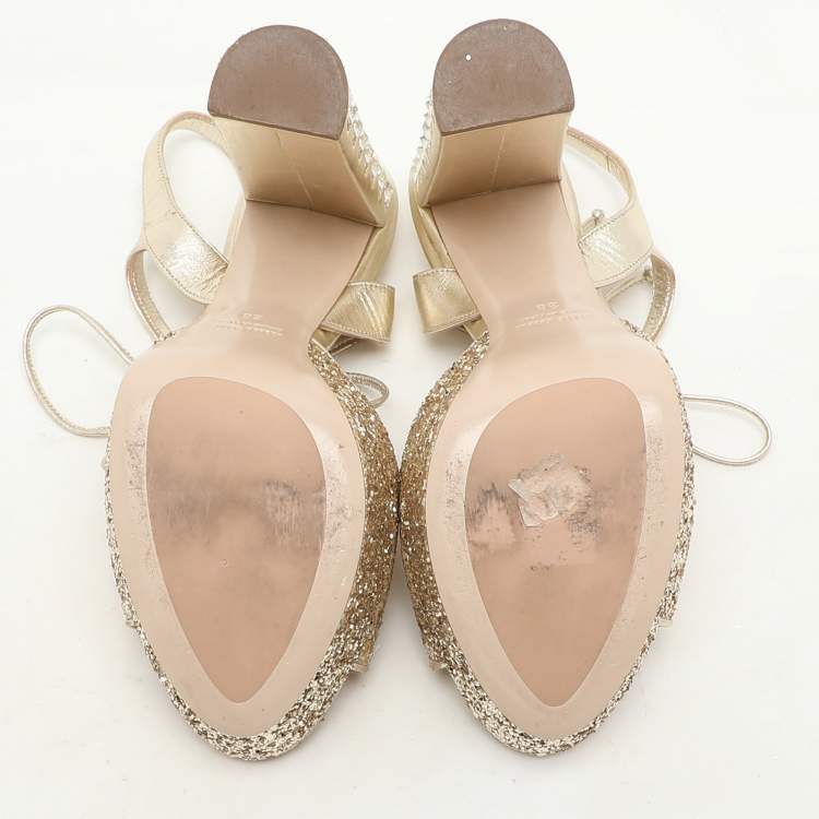 Pre Owned Miu Miu Gold Glitter Ankle Tie Platform Pumps Size 38