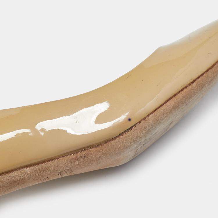 Pre Owned Miu Miu Beige Patent Leather Crystal Embellished Block Heel Pumps Size 36.5