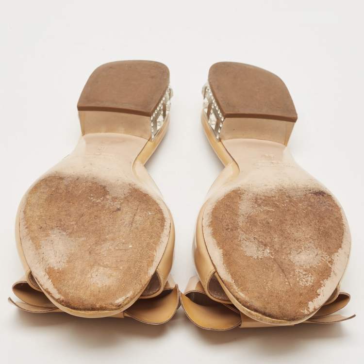 Pre Owned Miu Miu Beige Patent Leather Crystal Embellishment Mule Sandals Size 38