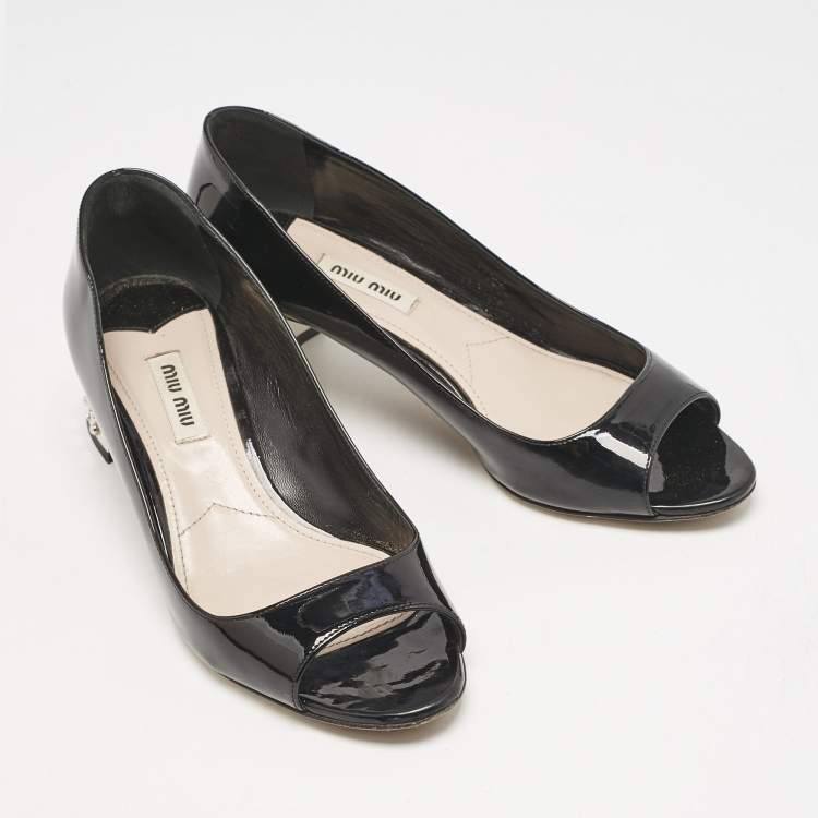 Pre Owned Miu Miu Black Patent Leather Crystal Block Heel Open Toe Pumps Size 37.5