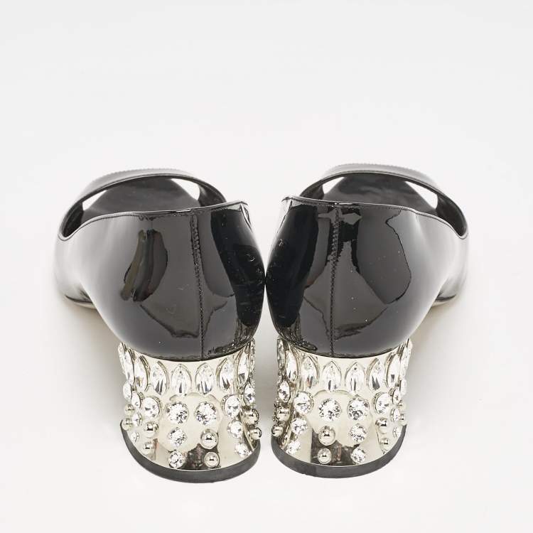 Pre Owned Miu Miu Black Patent Leather Crystal Block Heel Open Toe Pumps Size 37.5