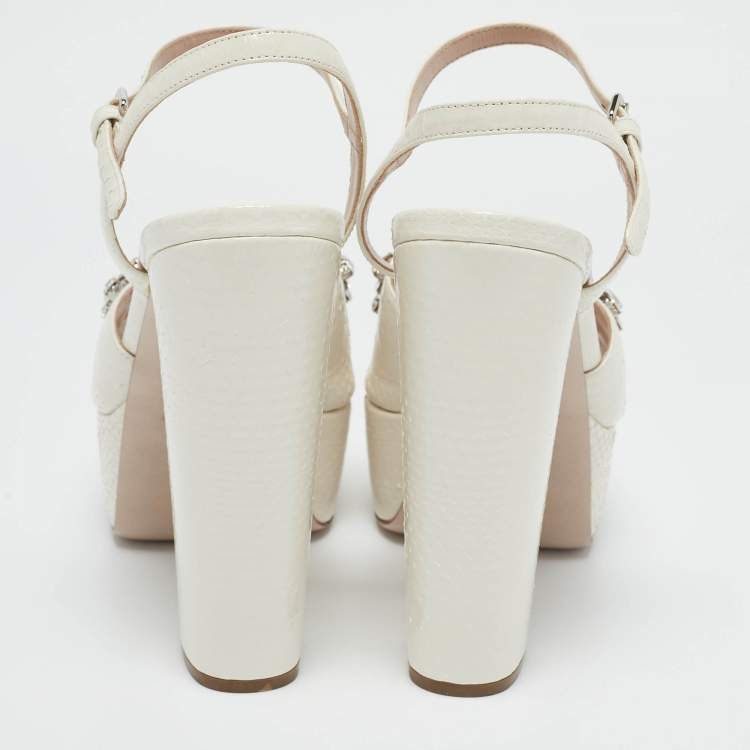 Pre Owned Miu Miu White Ayers Crystal Embellished Platform Sandals Size 38