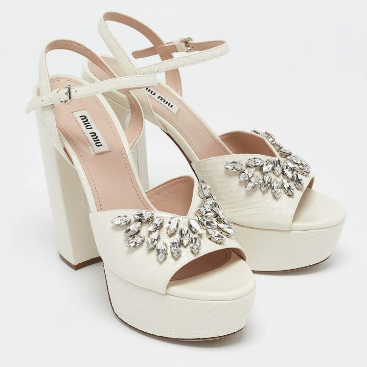 Pre Owned Miu Miu White Ayers Crystal Embellished Platform Sandals Size 38