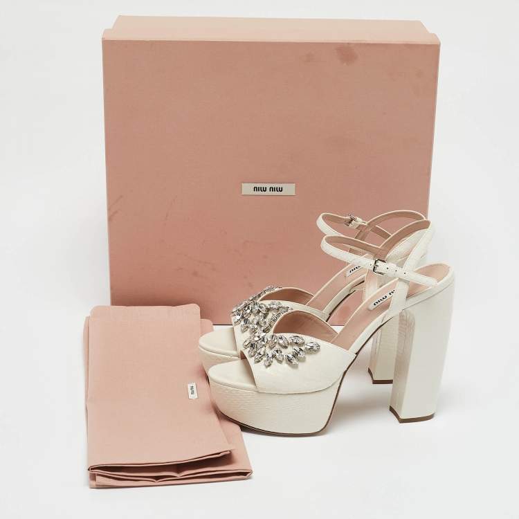 Pre Owned Miu Miu White Ayers Crystal Embellished Platform Sandals Size 38