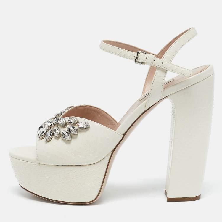 Pre Owned Miu Miu White Ayers Crystal Embellished Platform Sandals Size 38