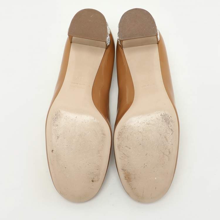 Pre Owned Miu Miu Brown Patent Leather Crystal Embellished Block Heel Pumps Size 39.5
