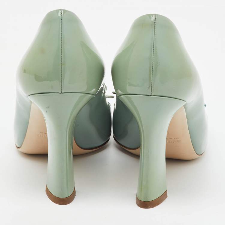 Pre Owned Miu Miu Light Mint Green Patent Leather Bow Block Heel Pumps Size 38