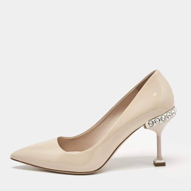 Pre Owned Miu Miu Beige Patent Leather Crystal Embellished Pointed Toe Pumps Size 37