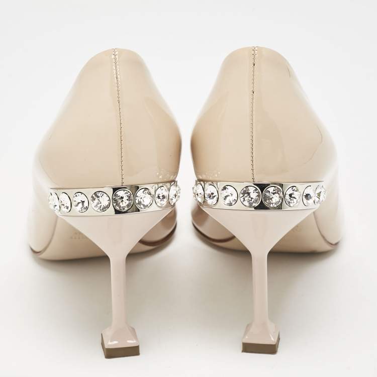 Pre Owned Miu Miu Beige Patent Leather Crystal Embellished Pointed Toe Pumps Size 37