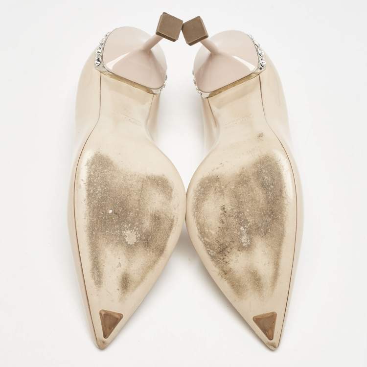 Pre Owned Miu Miu Beige Patent Leather Crystal Embellished Pointed Toe Pumps Size 37