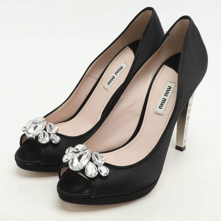 Pre Owned Miu Miu Black Satin Crystal Embellished Peep Toe Pumps Size 40