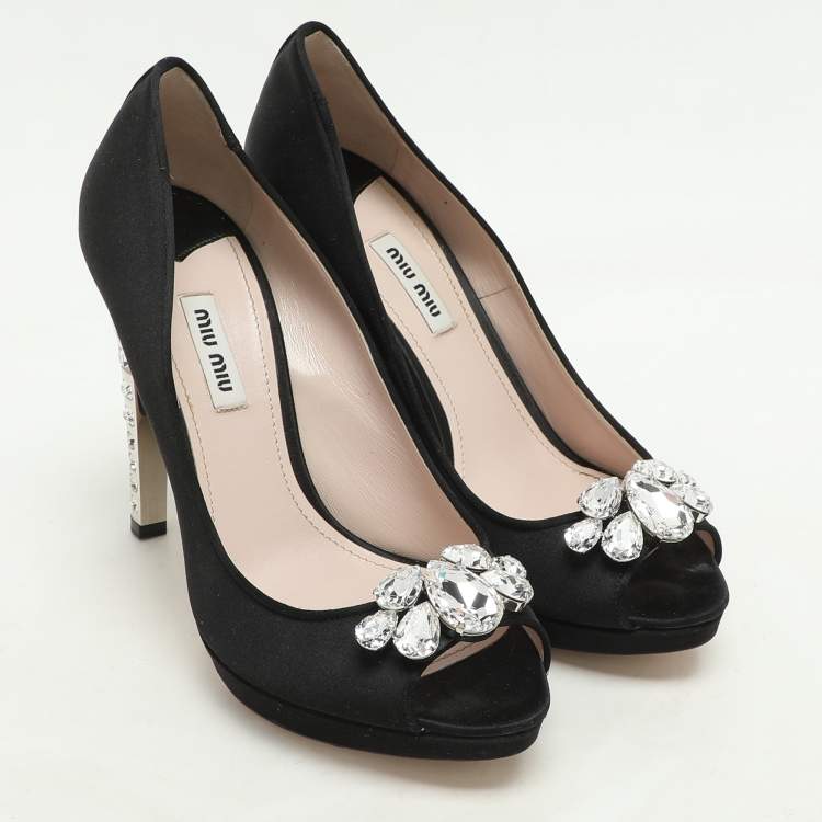Pre Owned Miu Miu Black Satin Crystal Embellished Peep Toe Pumps Size 40