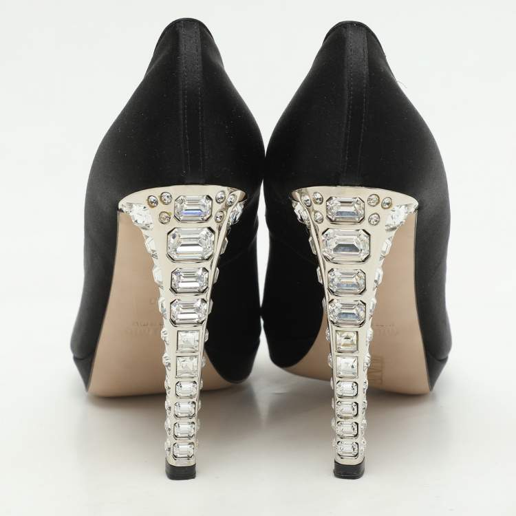 Pre Owned Miu Miu Black Satin Crystal Embellished Peep Toe Pumps Size 40