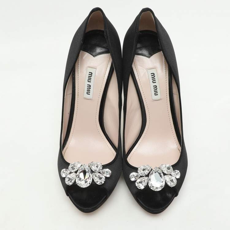 Pre Owned Miu Miu Black Satin Crystal Embellished Peep Toe Pumps Size 40