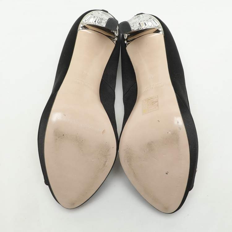 Pre Owned Miu Miu Black Satin Crystal Embellished Peep Toe Pumps Size 40