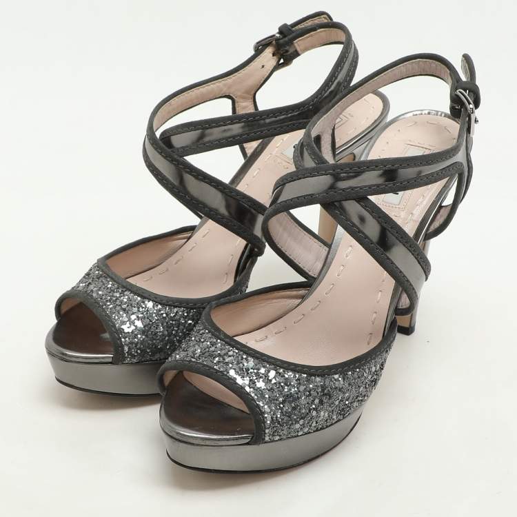Pre Owned Miu Miu Grey Glitter and Leather Criss Cross Platform Pumps Size 40.5
