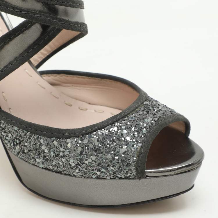 Pre Owned Miu Miu Grey Glitter and Leather Criss Cross Platform Pumps Size 40.5