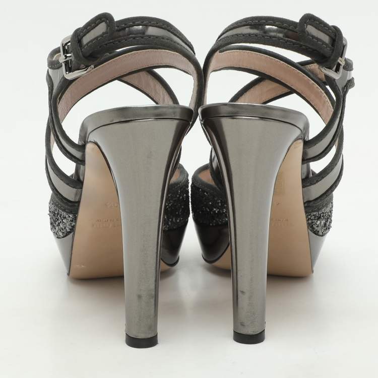 Pre Owned Miu Miu Grey Glitter and Leather Criss Cross Platform Pumps Size 40.5