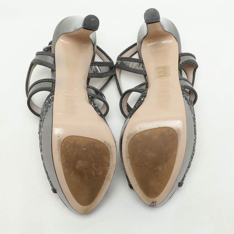 Pre Owned Miu Miu Grey Glitter and Leather Criss Cross Platform Pumps Size 40.5