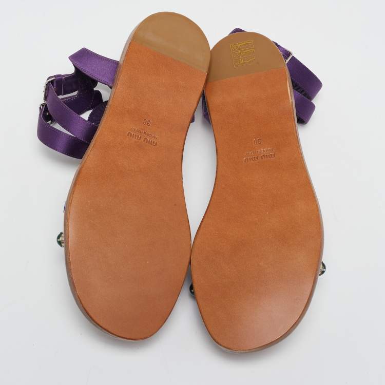 Pre Owned Miu Miu Brown/Purple Leather and Satin Crystal Embellished Flat Sandals Size 38