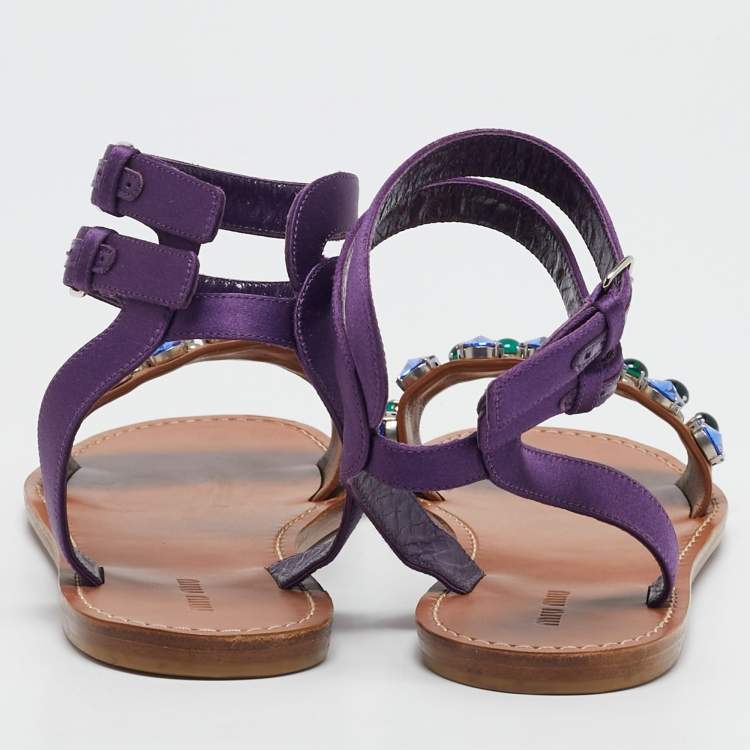 Pre Owned Miu Miu Brown/Purple Leather and Satin Crystal Embellished Flat Sandals Size 38