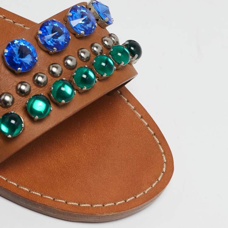 Pre Owned Miu Miu Brown/Purple Leather and Satin Crystal Embellished Flat Sandals Size 38