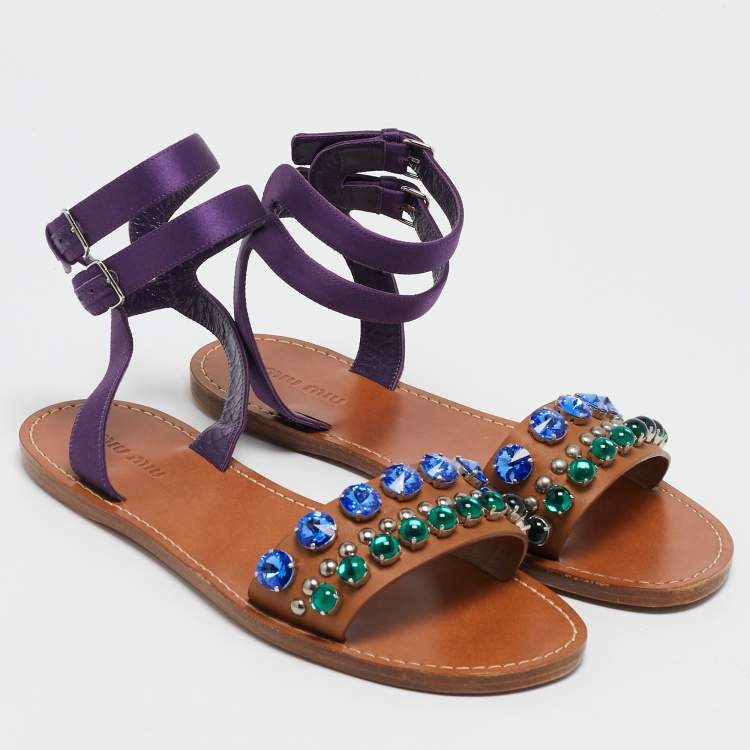Pre Owned Miu Miu Brown/Purple Leather and Satin Crystal Embellished Flat Sandals Size 38