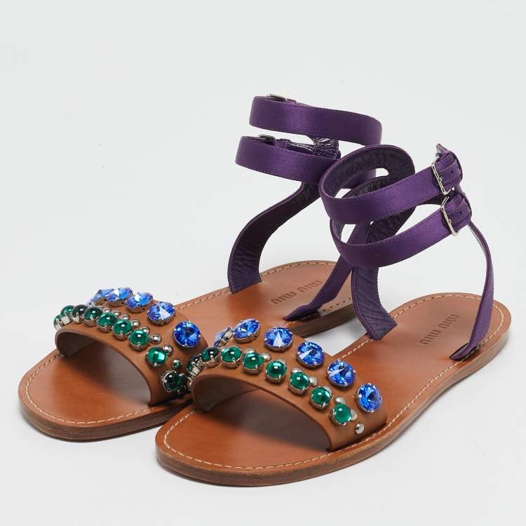Pre Owned Miu Miu Brown/Purple Leather and Satin Crystal Embellished Flat Sandals Size 38