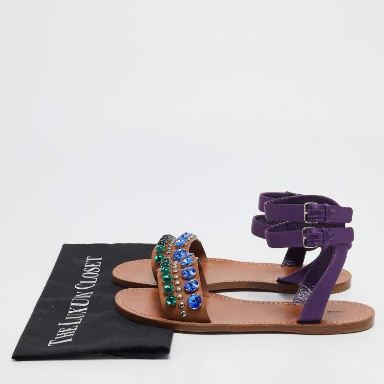 Pre Owned Miu Miu Brown/Purple Leather and Satin Crystal Embellished Flat Sandals Size 38