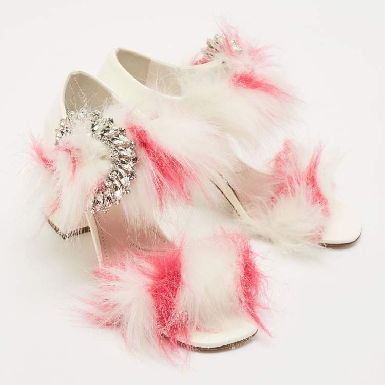 Pre Owned Miu Miu White/Pink Fur and Patent Leather Ankle Strap Sandals Size 38