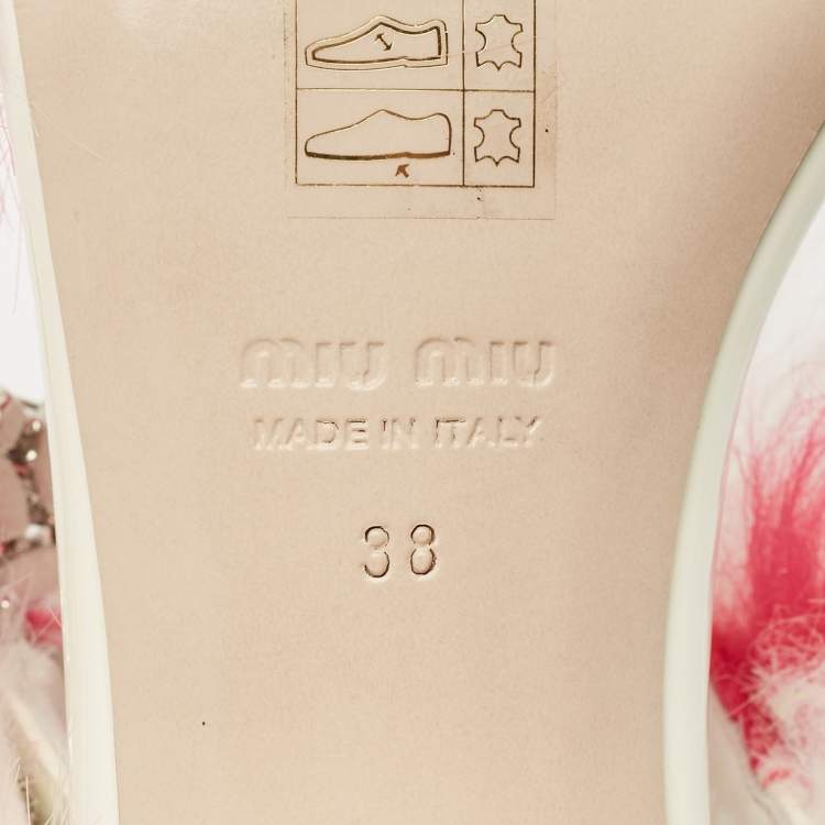 Pre Owned Miu Miu White/Pink Fur and Patent Leather Ankle Strap Sandals Size 38