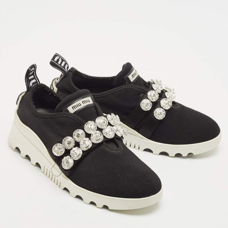 Pre Owned Miu Miu Black Knit Fabric Crystal Embellished Slip On Sneakers Size 37.5