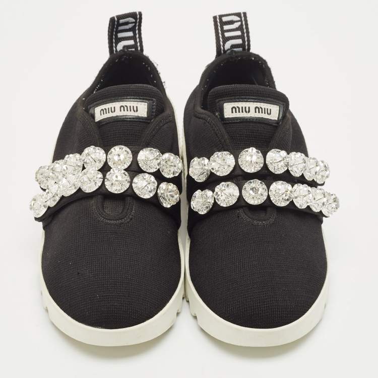 Pre Owned Miu Miu Black Knit Fabric Crystal Embellished Slip On Sneakers Size 37.5