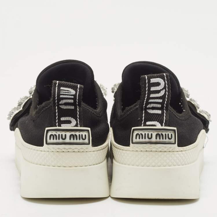 Pre Owned Miu Miu Black Knit Fabric Crystal Embellished Slip On Sneakers Size 37.5