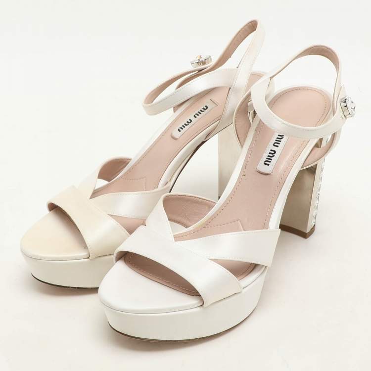 Pre Owned Miu Miu White Satin Crystal Embellished Heel Platform Ankle Strap Sandals Size 38