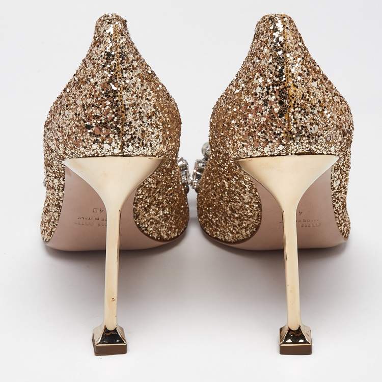 Pre Owned Miu Miu Gold Glitter Crystal Embellished Pointed Toe Pumps Size 40