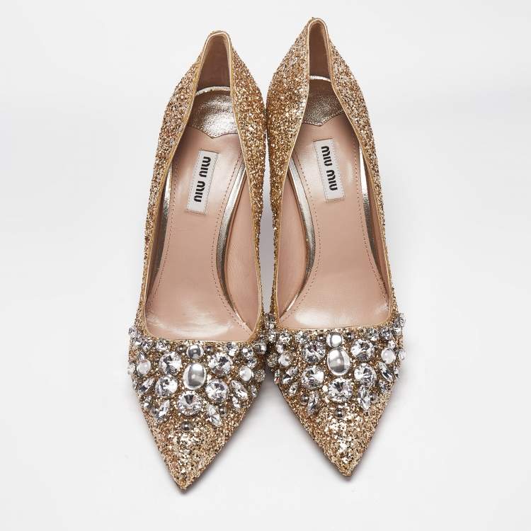 Pre Owned Miu Miu Gold Glitter Crystal Embellished Pointed Toe Pumps Size 40