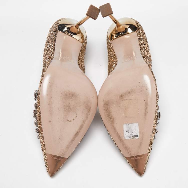Pre Owned Miu Miu Gold Glitter Crystal Embellished Pointed Toe Pumps Size 40