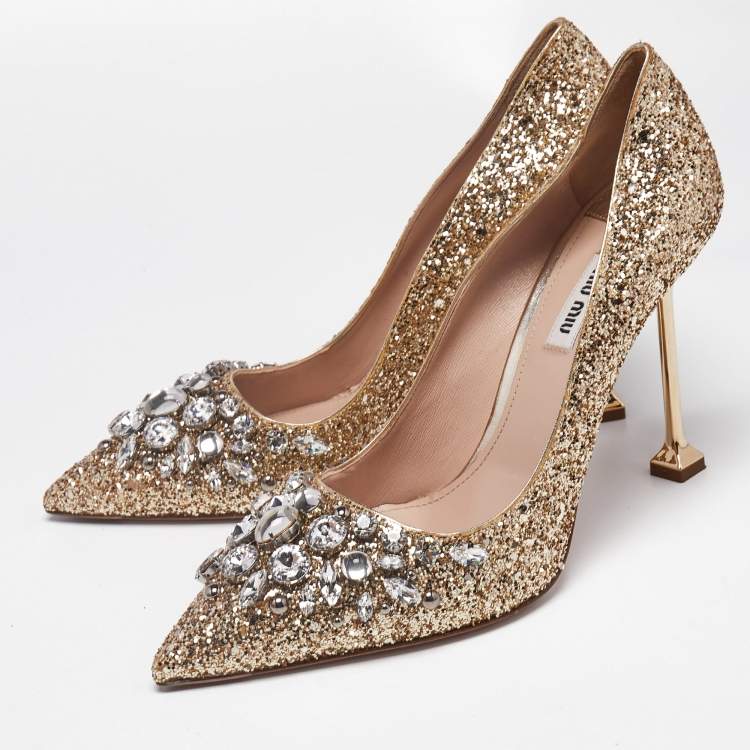 Pre Owned Miu Miu Gold Glitter Crystal Embellished Pointed Toe Pumps Size 40