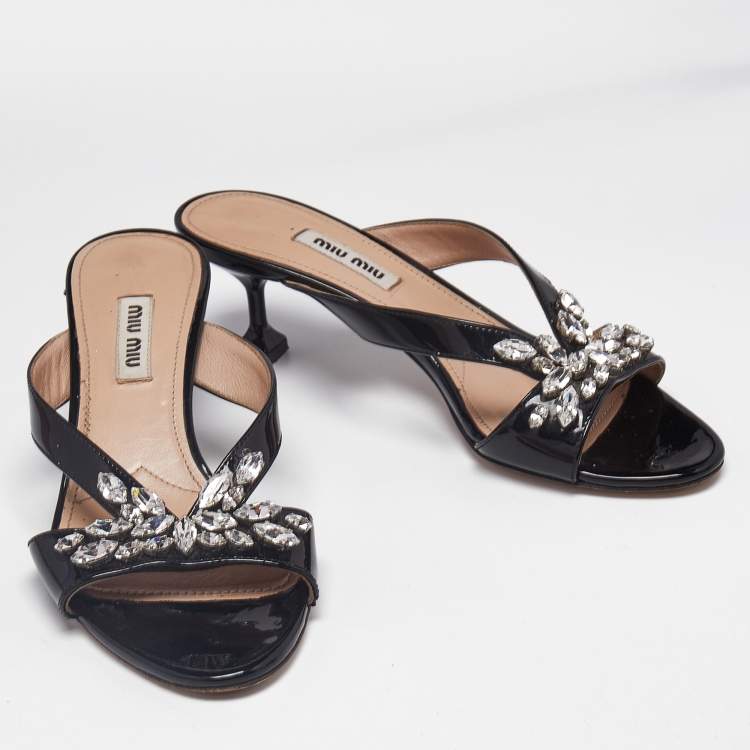 Pre Owned Miu Miu Black Patent Leather Crystal Embellished Slide Sandals Size 36
