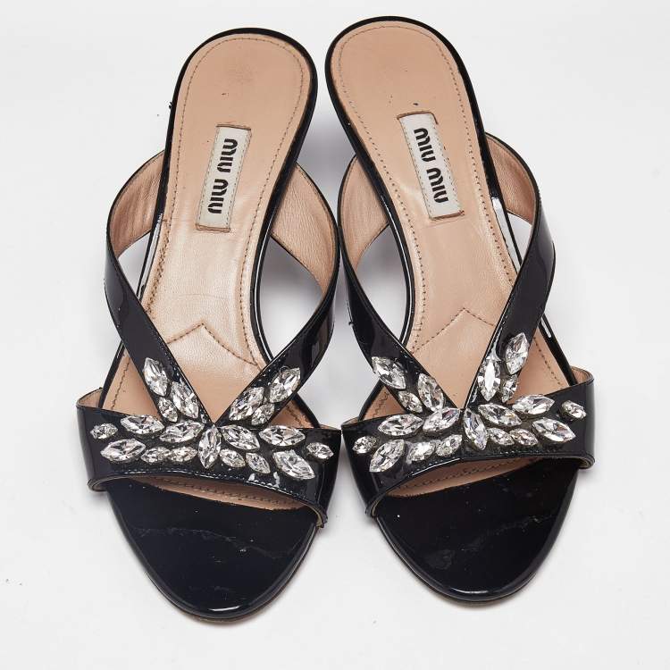 Pre Owned Miu Miu Black Patent Leather Crystal Embellished Slide Sandals Size 36