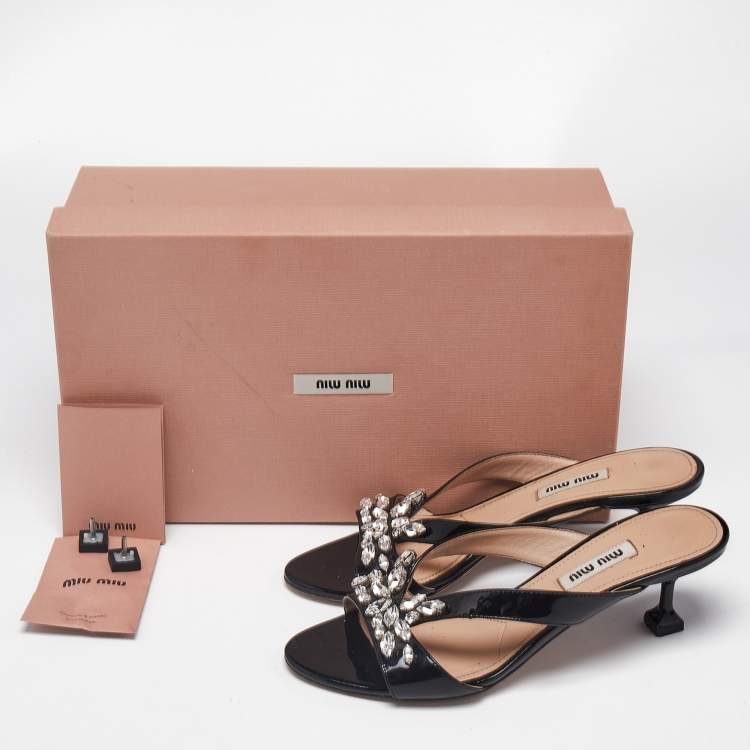 Pre Owned Miu Miu Black Patent Leather Crystal Embellished Slide Sandals Size 36