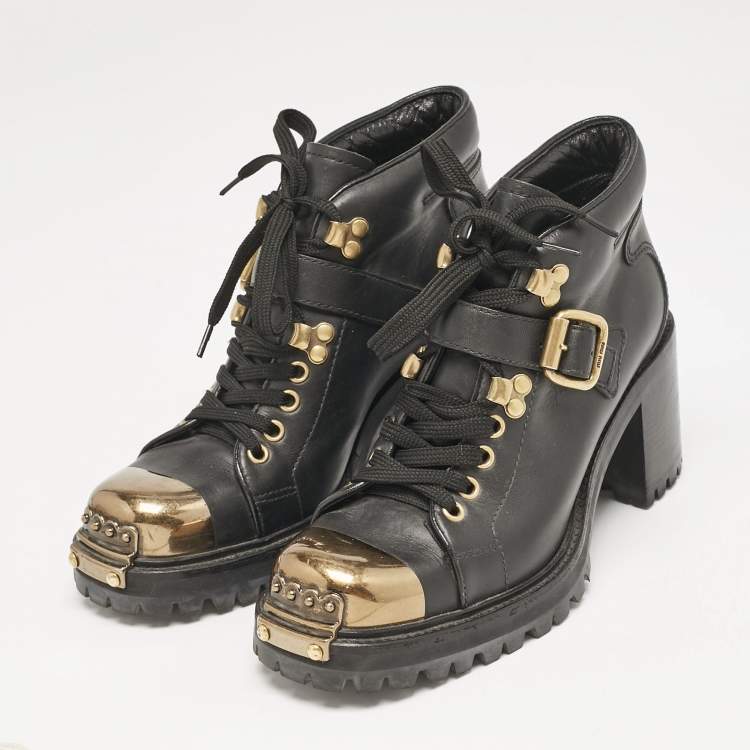 Pre Owned Miu Miu Black lLather Block Heel Ankle Combat Boots Size 36