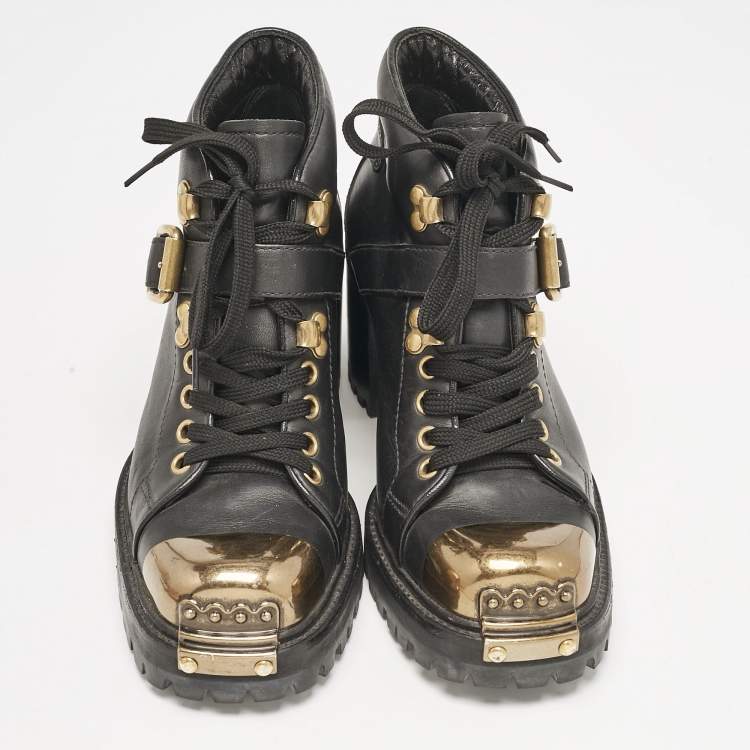 Pre Owned Miu Miu Black lLather Block Heel Ankle Combat Boots Size 36