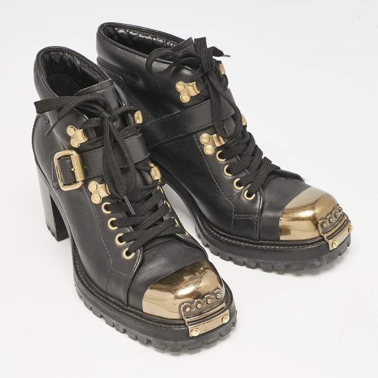 Pre Owned Miu Miu Black lLather Block Heel Ankle Combat Boots Size 36